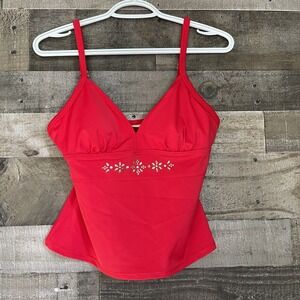 St. Johns Bay Womens Size 10 Tankini Swim Suit Top Red With Bling Padded No Wire